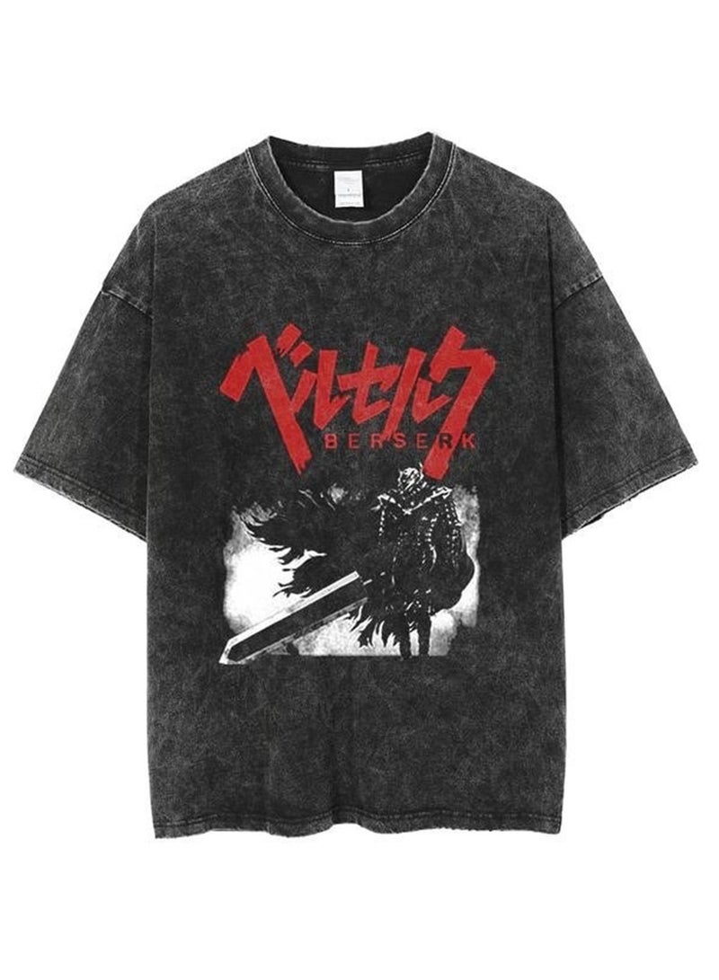 Men's new washed old dark anime print street retro t-shirt street trendy round neck short-sleeved t-shirt - Image 1