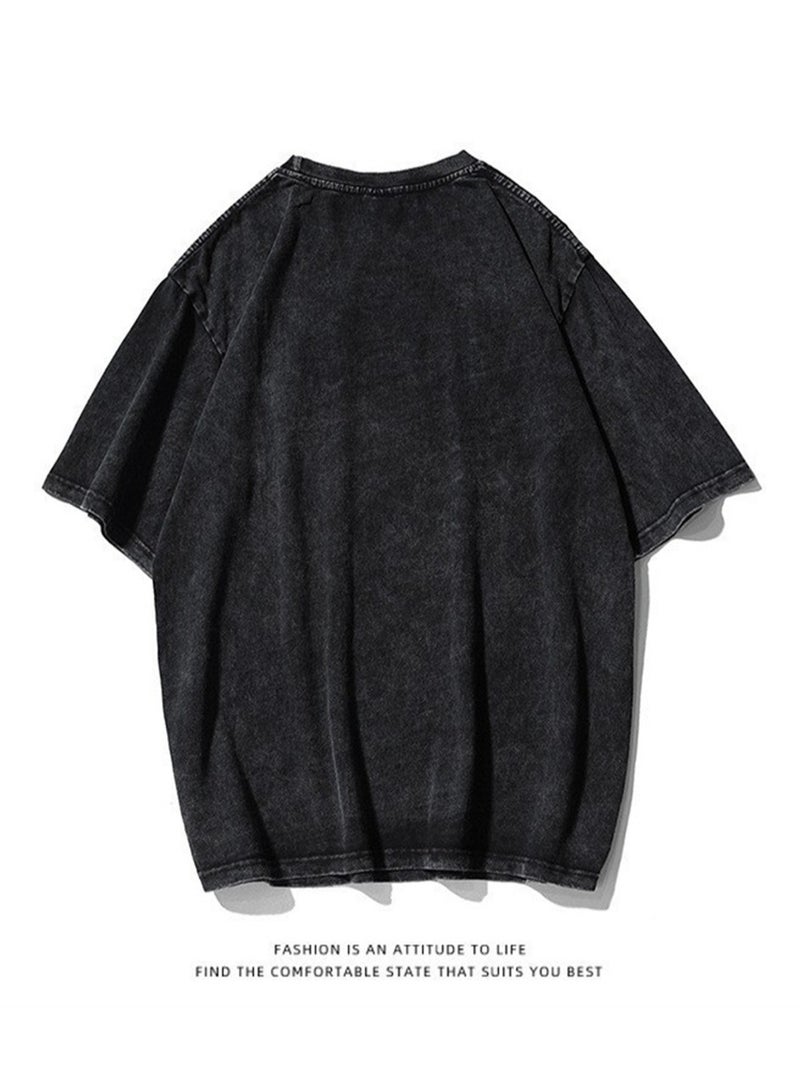 Men's new washed old dark anime print street retro t-shirt street trendy round neck short-sleeved t-shirt - Image 3