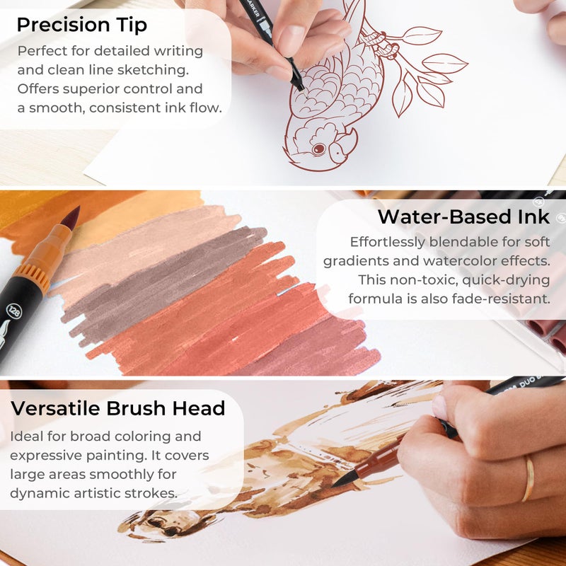 ZSCM Brown Duo Tip Marker Pens, 12 Pack Fine & Brush Markers for Adult Coloring Books No Bleeding, Earth Brown Markers for Wood Texture, Animal Fur, Vintage Effects and Antique Coloring - Image 3