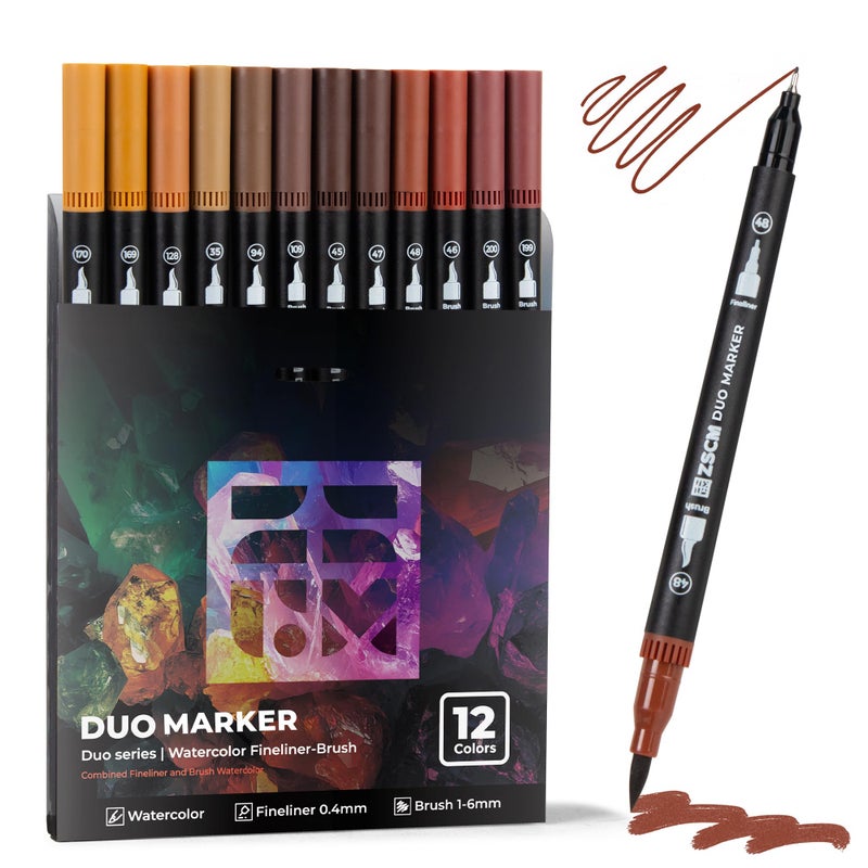 ZSCM Brown Duo Tip Marker Pens, 12 Pack Fine & Brush Markers for Adult Coloring Books No Bleeding, Earth Brown Markers for Wood Texture, Animal Fur, Vintage Effects and Antique Coloring - Image 1