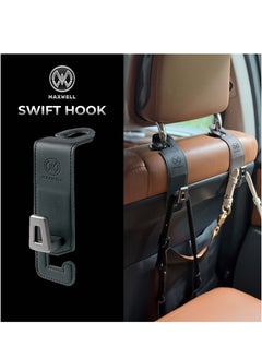 ماكسويل للالكترونيات خطاف مسند الرأس Maxwell Swift Hook لتنظيم الجزء الخلفي مناسب للحقائب، والبقالة، والمعاطف، ومتوافق مع جميع السيارات. مصنوع من الجلد الفاخر، متين، سهل التركيب، وقابل للطي (رمادي)  - Image 2