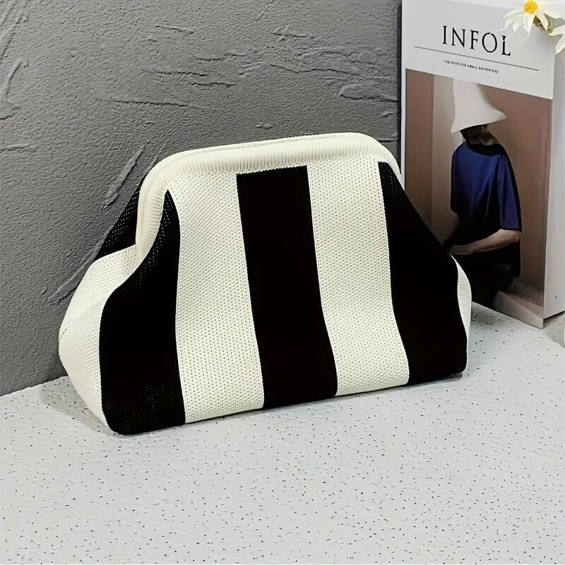 Kawn® Women’s Striped Crochet Clutch Purse | Woven Handcrafted Shoulder Handbag | Kiss-Lock Dumpling Style Evening Clutch for Daily Use & Outings - Image 3