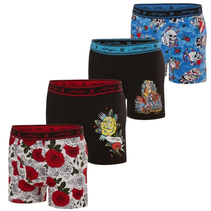 ED HARDY Mens Underwear Boxer Briefs Comfortable, Breathable, Stylish Design 4 Pack, Roses, Skull, Mermaid, Medium - Image 1