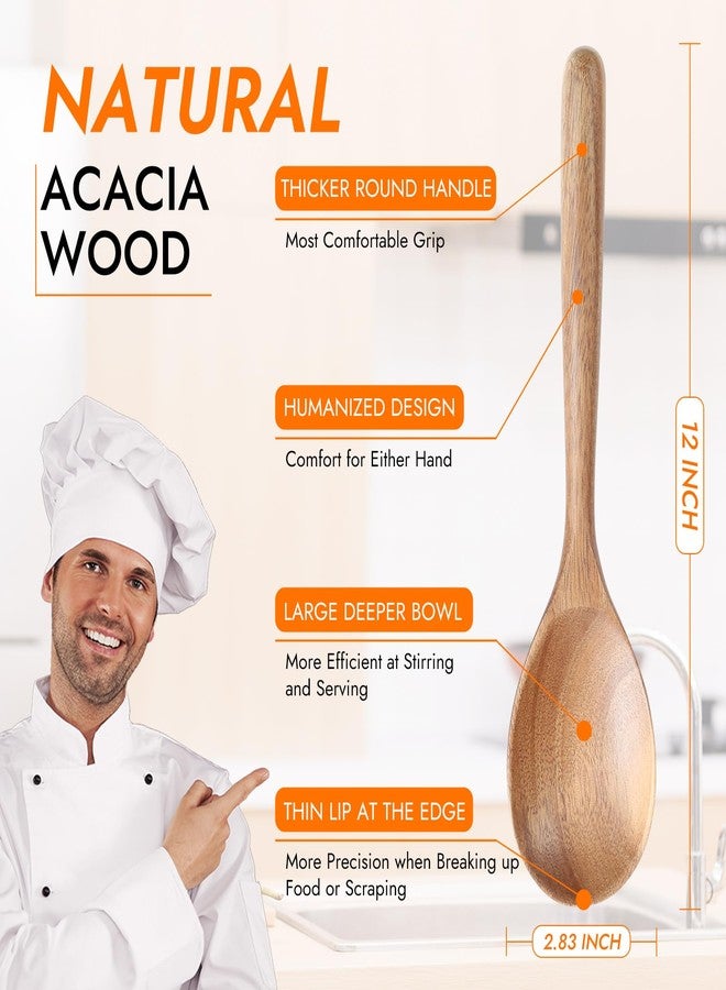 GinSent Kitchen Wooden Cooking Spoon, Solid Acacia Wood Serving Spoons for Mixing Stirring, Nonstick Kitchen Utensils Tableware Ladle Scoop for Soup Stews Salad Pasta Sauce Chili (2 Pieces) - Image 2