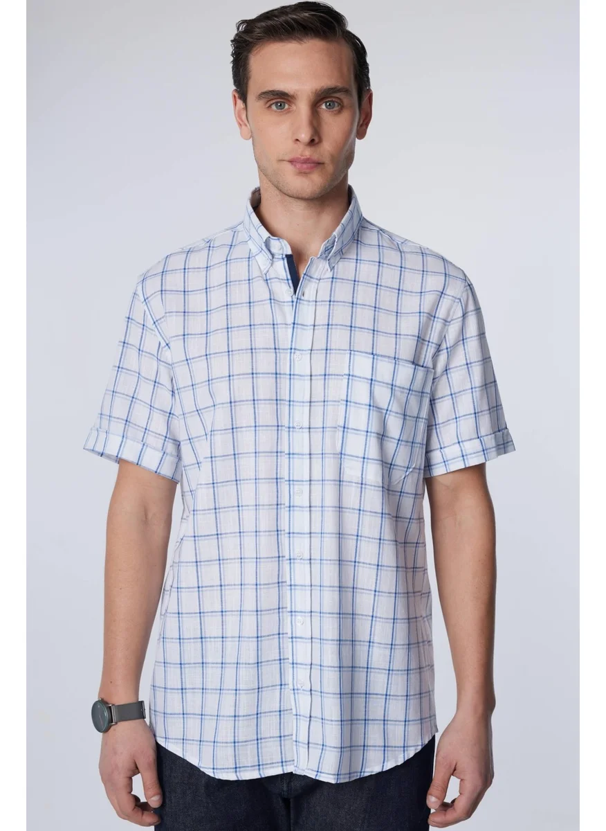 Tudors Classic Fit Short Sleeve Button Collar Single Pocket Checked Summer Linen Effect Men's Shirt