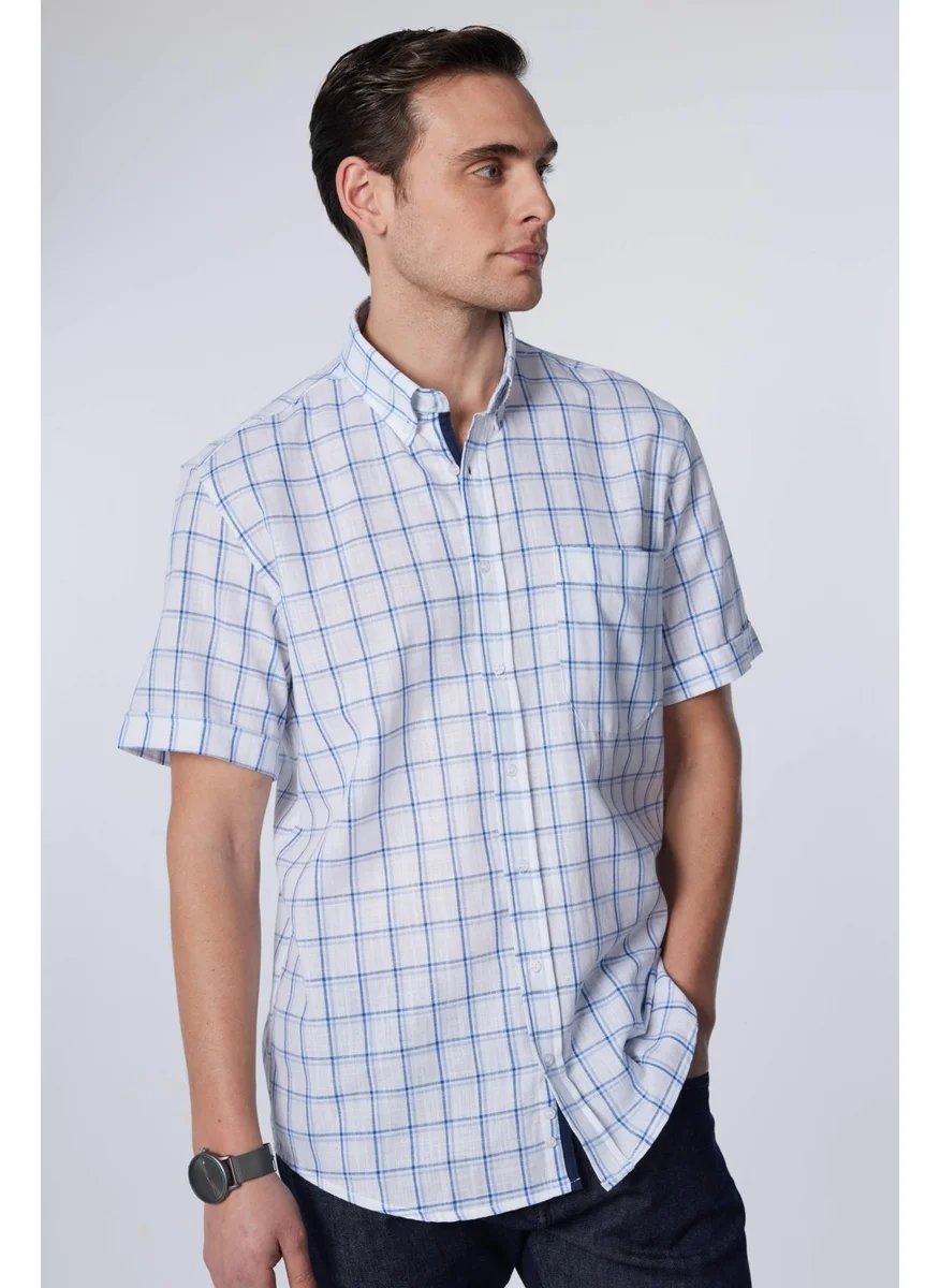 Tudors Classic Fit Short Sleeve Button Collar Single Pocket Checked Summer Linen Effect Men's Shirt
