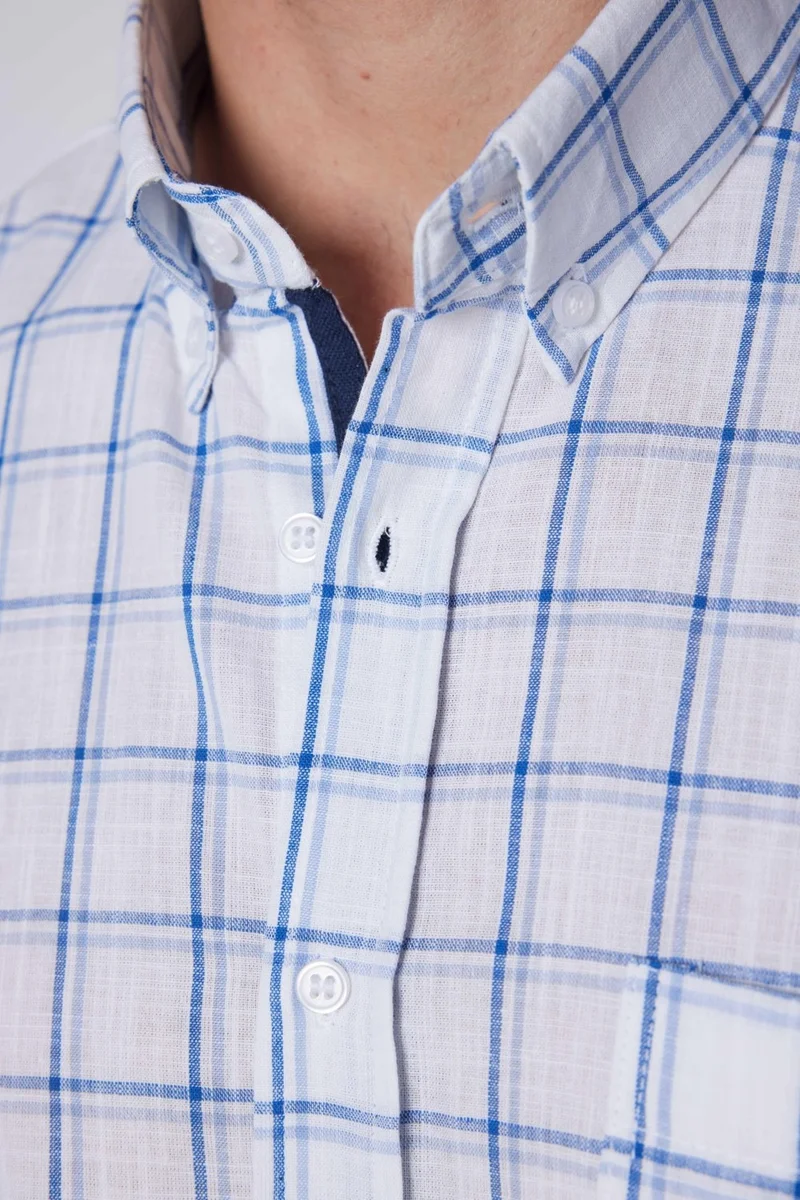 تودورس Classic Fit Short Sleeve Button Collar Single Pocket Checked Summer Linen Effect Men's Shirt