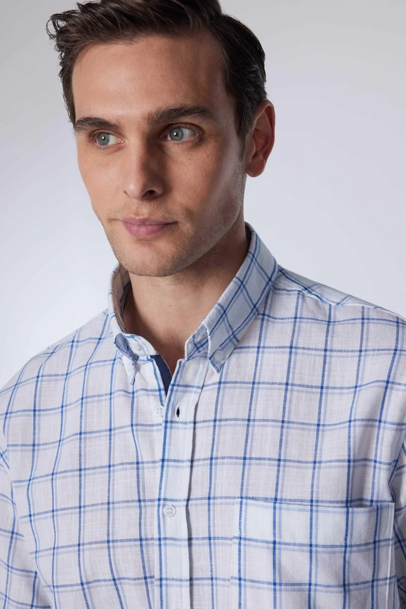 تودورس Classic Fit Short Sleeve Button Collar Single Pocket Checked Summer Linen Effect Men's Shirt