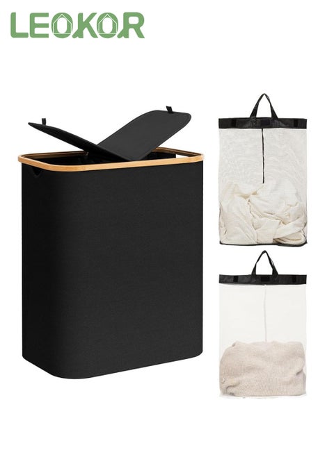 Double Laundry Hamper with Lid, 150L Large Divided Laundry Hamper with Removable Bags, 2 Section Dirty Clothes Basket with Handles, Foldable laundry Hamper for Bathroom, Bedroom, Black