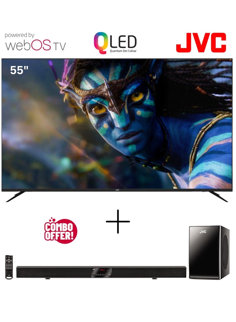 JVC 55 Inch Edgeless QLED Webos Smart TV + 2.1 Ch Soundbar With Subwoofer LT-55NQ7145+TH-BY370A Black - Image 1