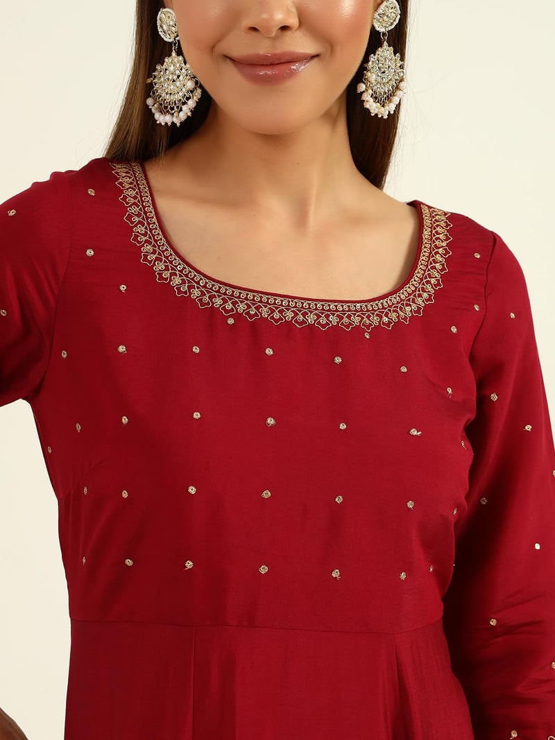 FIORRA Women's Maroon Viscose Chanderi A-line Kurta with Pant and Dupatta - Image 5