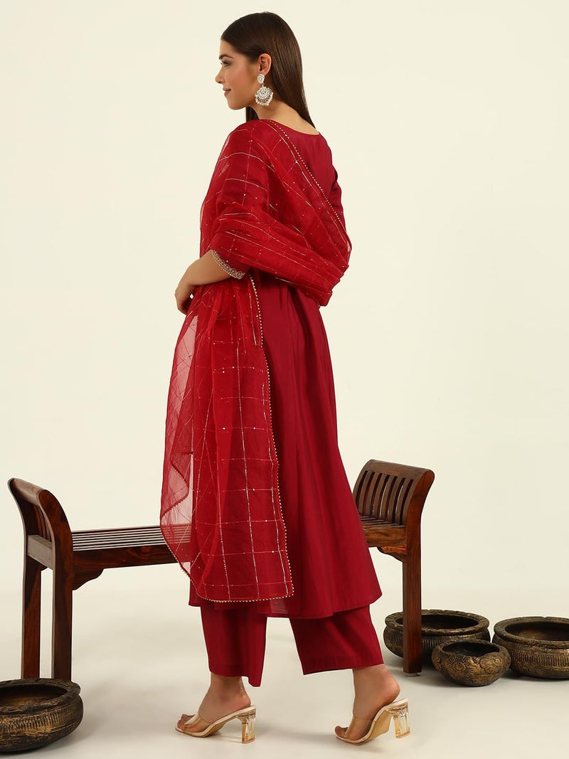 FIORRA Women's Maroon Viscose Chanderi A-line Kurta with Pant and Dupatta - Image 2