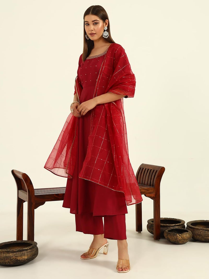 FIORRA Women's Maroon Viscose Chanderi A-line Kurta with Pant and Dupatta - Image 4