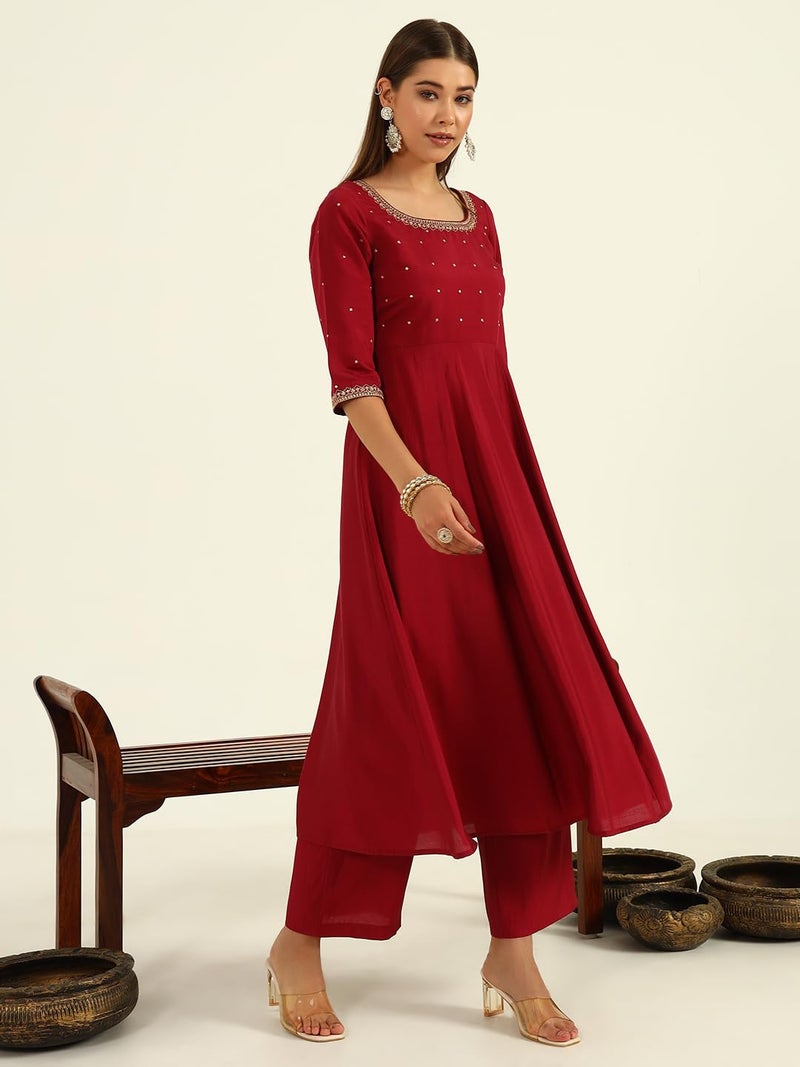 FIORRA Women's Maroon Viscose Chanderi A-line Kurta with Pant and Dupatta - Image 3