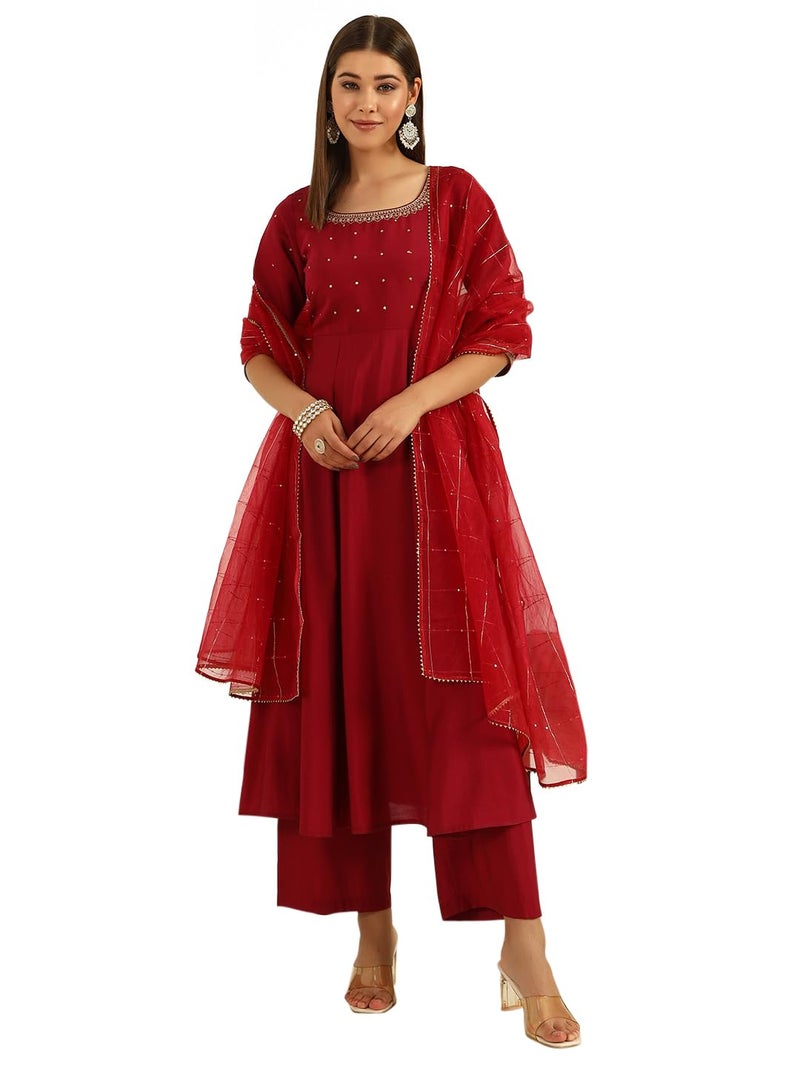 FIORRA Women's Maroon Viscose Chanderi A-line Kurta with Pant and Dupatta - Image 1
