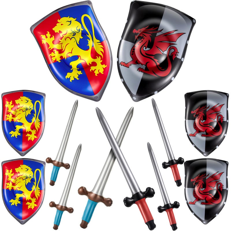 Poen 24 Pcs Inflatable Sword and Shield Knight Party Favors Set Blow up Medieval Sword Shield for Prince Party Favors Decorations Cosplay Accessories LionDragon - Image 3