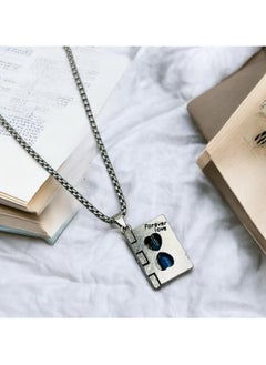 MARIO DRAFTS Forever Love Book Pendant Necklace, Stainless Steel Box Chain, Silver and Blue  - Image 2