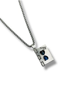 MARIO DRAFTS Forever Love Book Pendant Necklace, Stainless Steel Box Chain, Silver and Blue  - Image 4