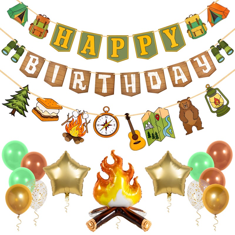 Pirese One Happy Camper Birthday Decorations, Camping Birthday Party Decorations, Campfire Camping Banner Party Kit with Balloons - Image 1