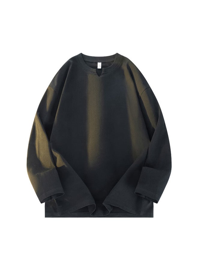 Dingfengbaoluo American Style V-neck T-shirt Men Autumn Premium Loose Casual Pullover Long Sleeve Top Xh04 Black L - Image 2