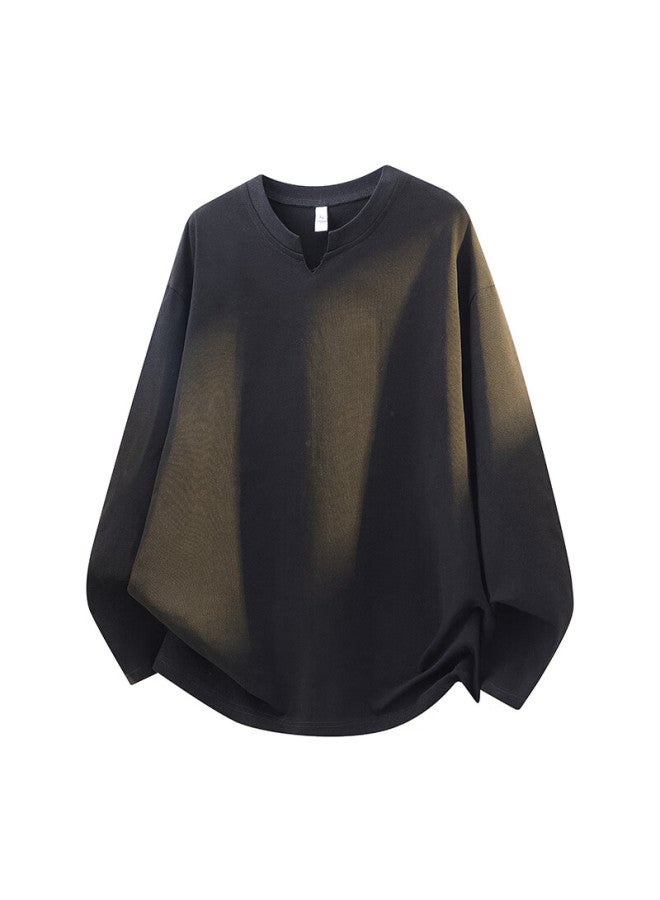 Dingfengbaoluo American Style V-neck T-shirt Men Autumn Premium Loose Casual Pullover Long Sleeve Top Xh04 Black L - Image 1