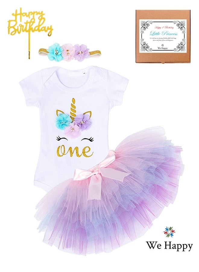 We Happy 4 Pieces 1st Birthday Baby Girl Costume Set Newborn Princess Dress for Theme Party Photoshoot Unicorn Bodysuit with Tutu Skirt, Cake Topper and Floral Headband  - Image 1