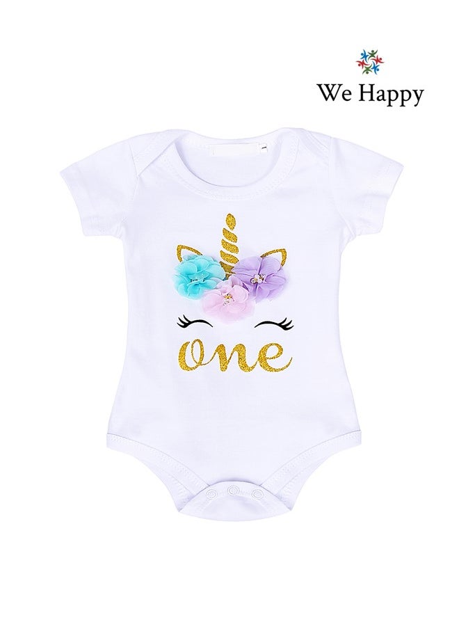 We Happy 4 Pieces 1st Birthday Baby Girl Costume Set Newborn Princess Dress for Theme Party Photoshoot Unicorn Bodysuit with Tutu Skirt, Cake Topper and Floral Headband  - Image 2