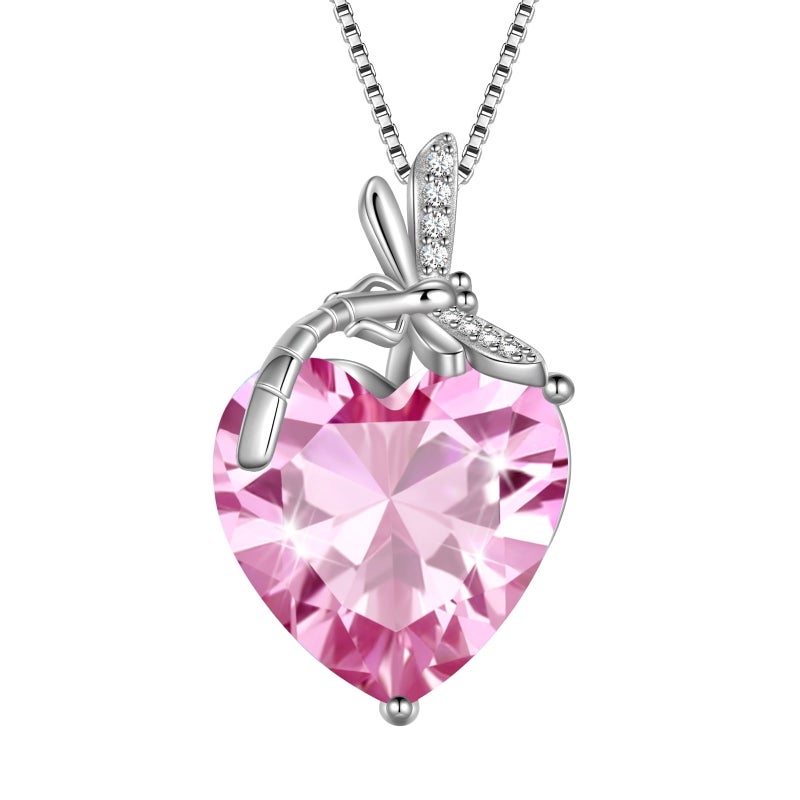 Juwaliy Dragonfly Necklace Heart October Birthstone Necklace Tourmaline 925 Sterling Silver Pendant Pink Jewelry Women Birthday Christmas Mother's Day Gift - Image 1