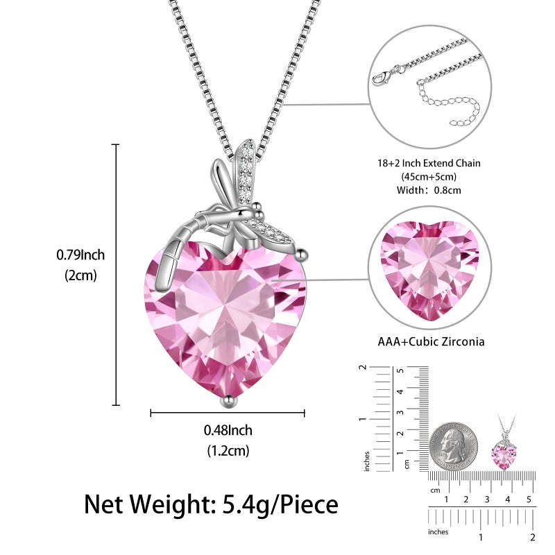 Juwaliy Dragonfly Necklace Heart October Birthstone Necklace Tourmaline 925 Sterling Silver Pendant Pink Jewelry Women Birthday Christmas Mother's Day Gift - Image 4