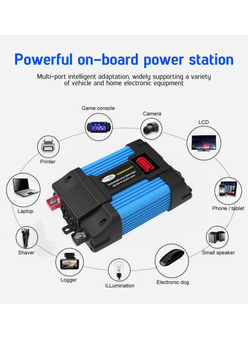 Generic 4000W Car Power Inverter with LED Voltage Capacity Display, Transformer Converter 12V To 220V  Dual USB Inverter For Car Appliances Blue  - Image 3