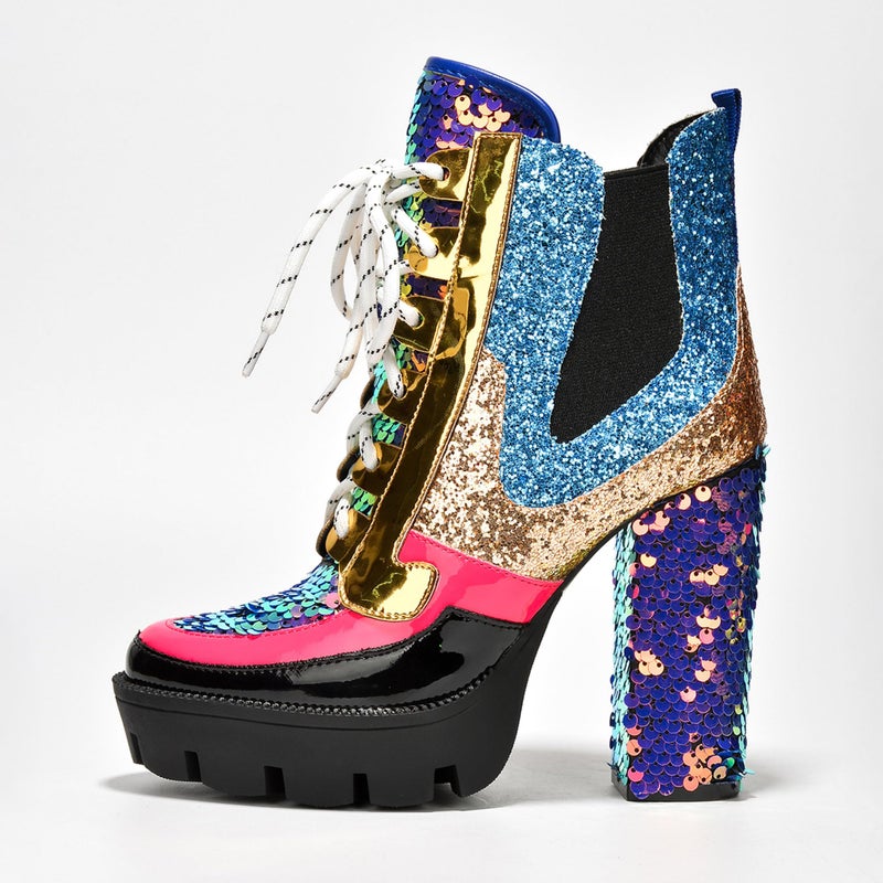 Cape Robbin Nell Gold Glitter Platform Chelsea Ankle Boots with Chunky Block Heels for Women Featuring a Sequined Tongue and Heel - Mermaid Size 8 - Image 3