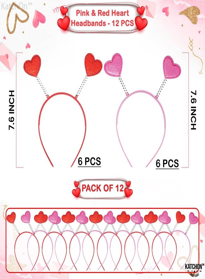 كاتشون، عصابات رأس على شكل قلوب وردية وحمراء - عبوة من 12 قطعة | عصابات رأس لعيد الحب للنساء لتزيين عيد الحب وحفلات الزفاف | عصابة رأس على شكل قلب، عصابة رأس للهالوين | زينة حفلات عيد الحب - Image 2