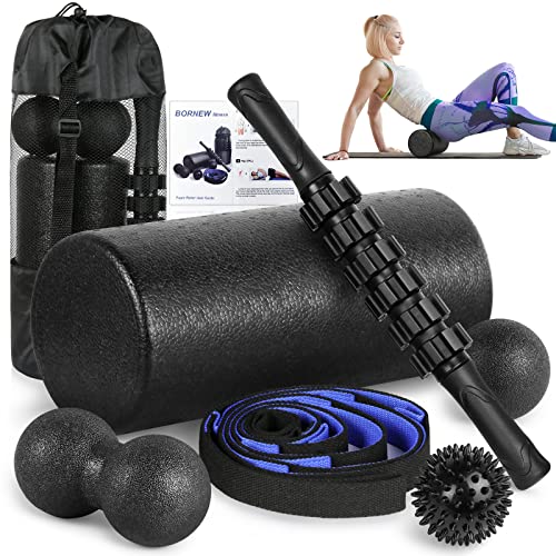 BORNEW Foam Roller Set - High Density Back Roller, Muscle Roller Stick,2 Foot Fasciitis Ball, Stretching Strap, Massager Ball for Whole Body Physical Therapy & Exercise, Yoga, Back Pain, Leg, Deep Tissue - Image 1