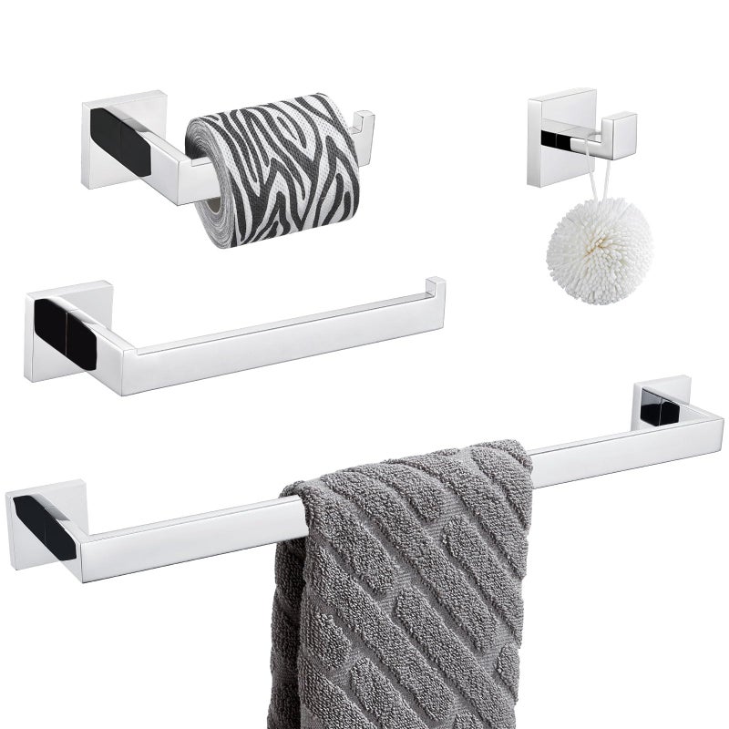 Bathroom Hardware Set 4Piece Angle Simple SUS304 Stainless Steel Bath Accessory Kit Bathroom Fixture Set with Robe Hook Toilet Paper Holder Towel Holder and Towel Bar Polished Chrome