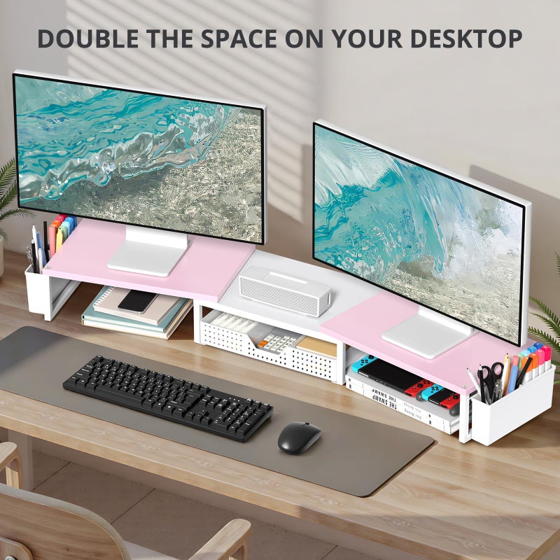 OPNICE Desk Organizers and Accessories, Dual Monitor Stand Riser with Drawer and 2 Pen Holders, Desk Shelf Wood Computer Racks for Office Workspace Organizers, Desktop Organization (Pink-White Wood) - Image 4