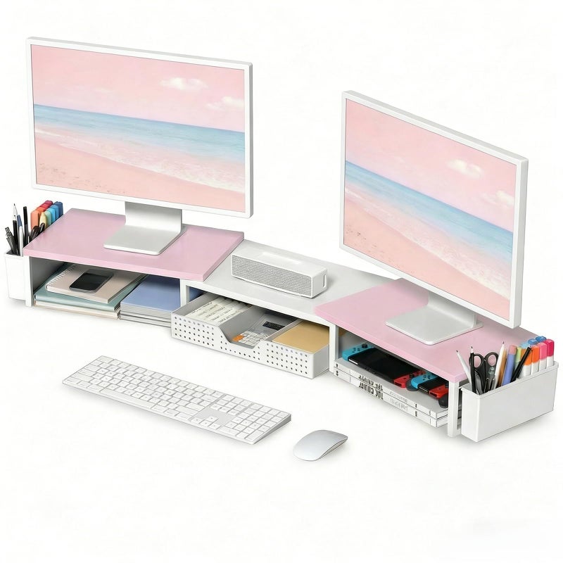 OPNICE Desk Organizers and Accessories, Dual Monitor Stand Riser with Drawer and 2 Pen Holders, Desk Shelf Wood Computer Racks for Office Workspace Organizers, Desktop Organization (Pink-White Wood) - Image 1