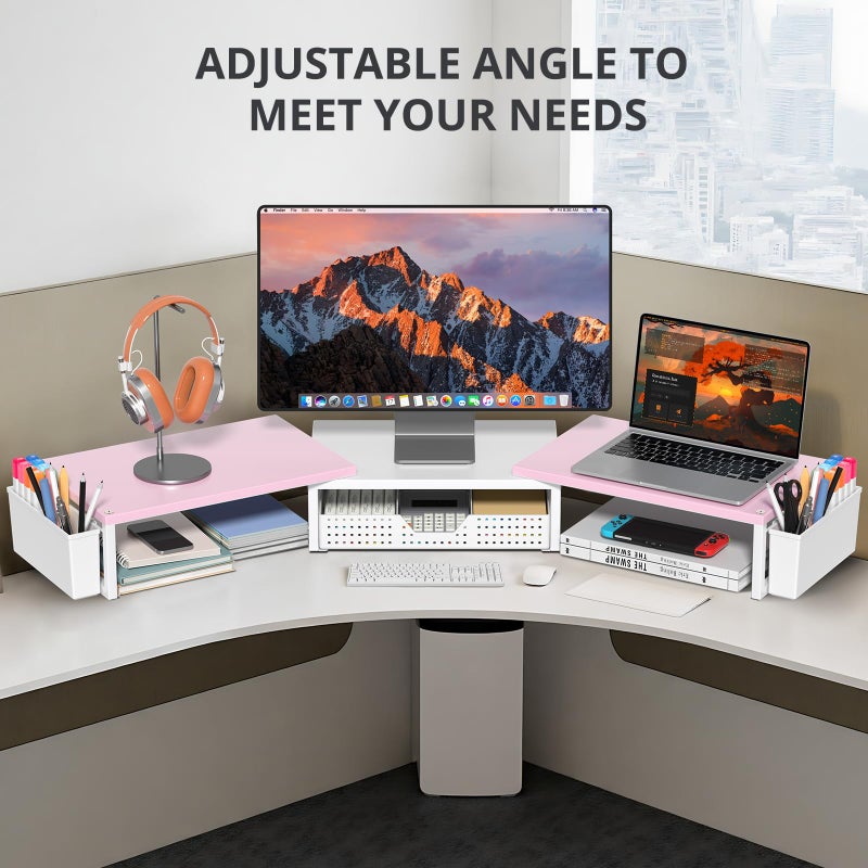 OPNICE Desk Organizers and Accessories, Dual Monitor Stand Riser with Drawer and 2 Pen Holders, Desk Shelf Wood Computer Racks for Office Workspace Organizers, Desktop Organization (Pink-White Wood) - Image 5