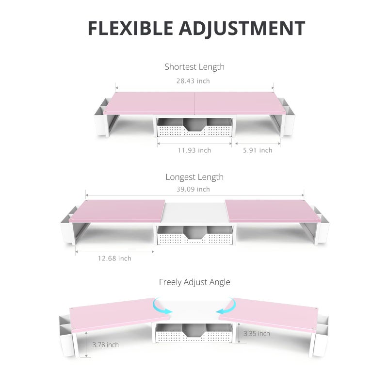 OPNICE Desk Organizers and Accessories, Dual Monitor Stand Riser with Drawer and 2 Pen Holders, Desk Shelf Wood Computer Racks for Office Workspace Organizers, Desktop Organization (Pink-White Wood) - Image 3
