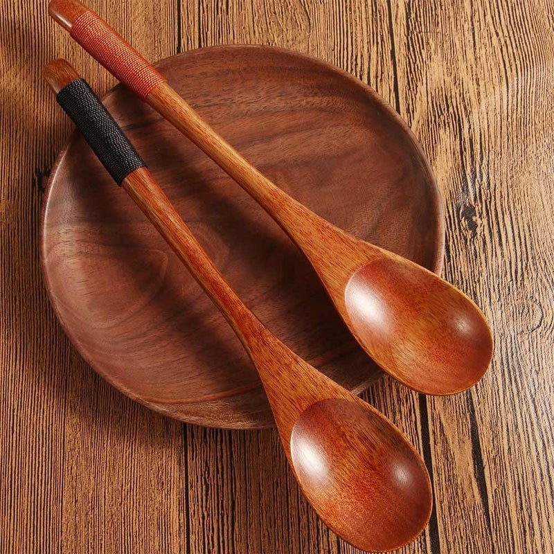 Pokinge 4Pcs Long Handled Wooden Spoon Fork Wood Soup Spoon Japanese Style Dinner Tablespoon Multifunctonal Honey Spoon Kitchen Tools - Image 3