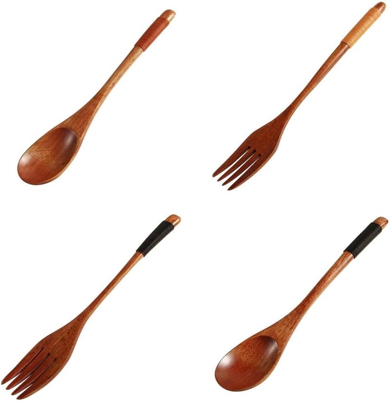 Pokinge 4Pcs Long Handled Wooden Spoon Fork Wood Soup Spoon Japanese Style Dinner Tablespoon Multifunctonal Honey Spoon Kitchen Tools - Image 1