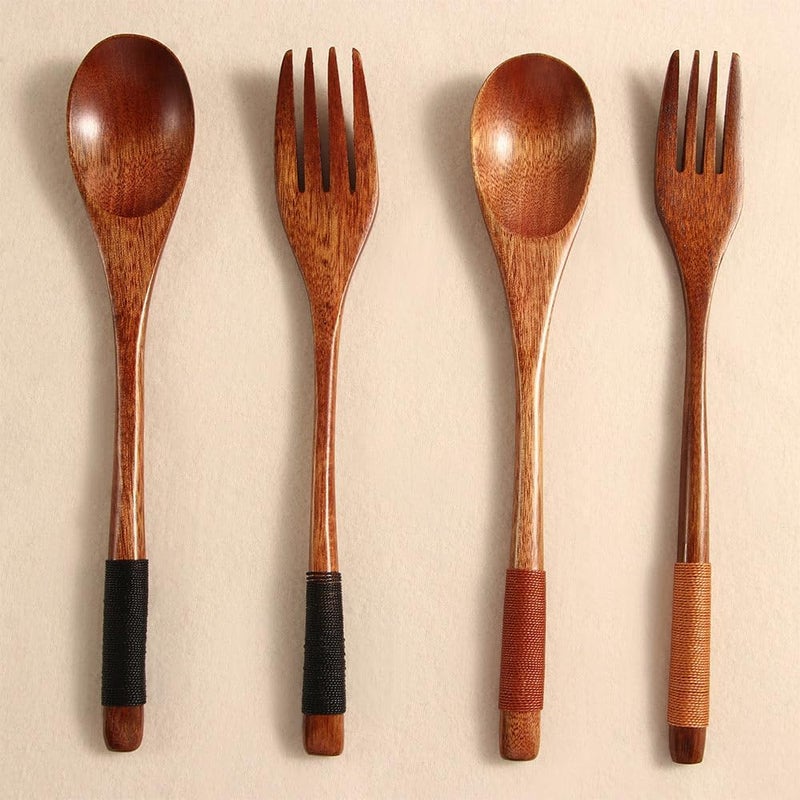 Pokinge 4Pcs Long Handled Wooden Spoon Fork Wood Soup Spoon Japanese Style Dinner Tablespoon Multifunctonal Honey Spoon Kitchen Tools - Image 2