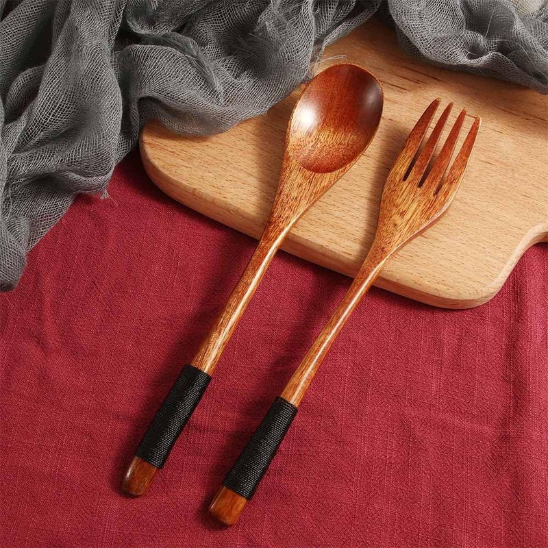Pokinge 4Pcs Long Handled Wooden Spoon Fork Wood Soup Spoon Japanese Style Dinner Tablespoon Multifunctonal Honey Spoon Kitchen Tools - Image 4