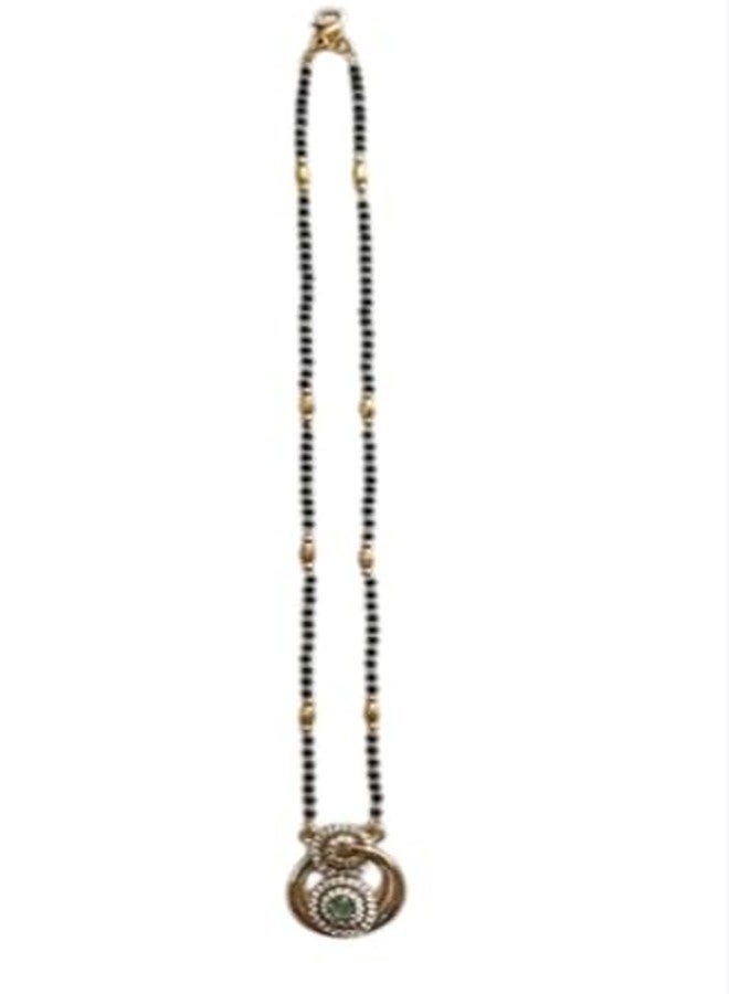 PADMAVATHI ENTERPRISES PE - Antique Gold Finish Single Line Mangalsutra – Micro-Pave White CZ Studded Dual Circle Pendant with Green Gemstone