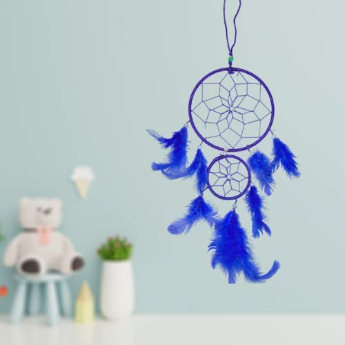 GJ Blue Dream Catcher Wall Hanging for Home Decor | 40 CM Handmade Dreamcatcher for Positive Energy, Peace & Good Dreams | Boho Feather Wall Hanging for Bedroom, Living Room & Gift - Image 5
