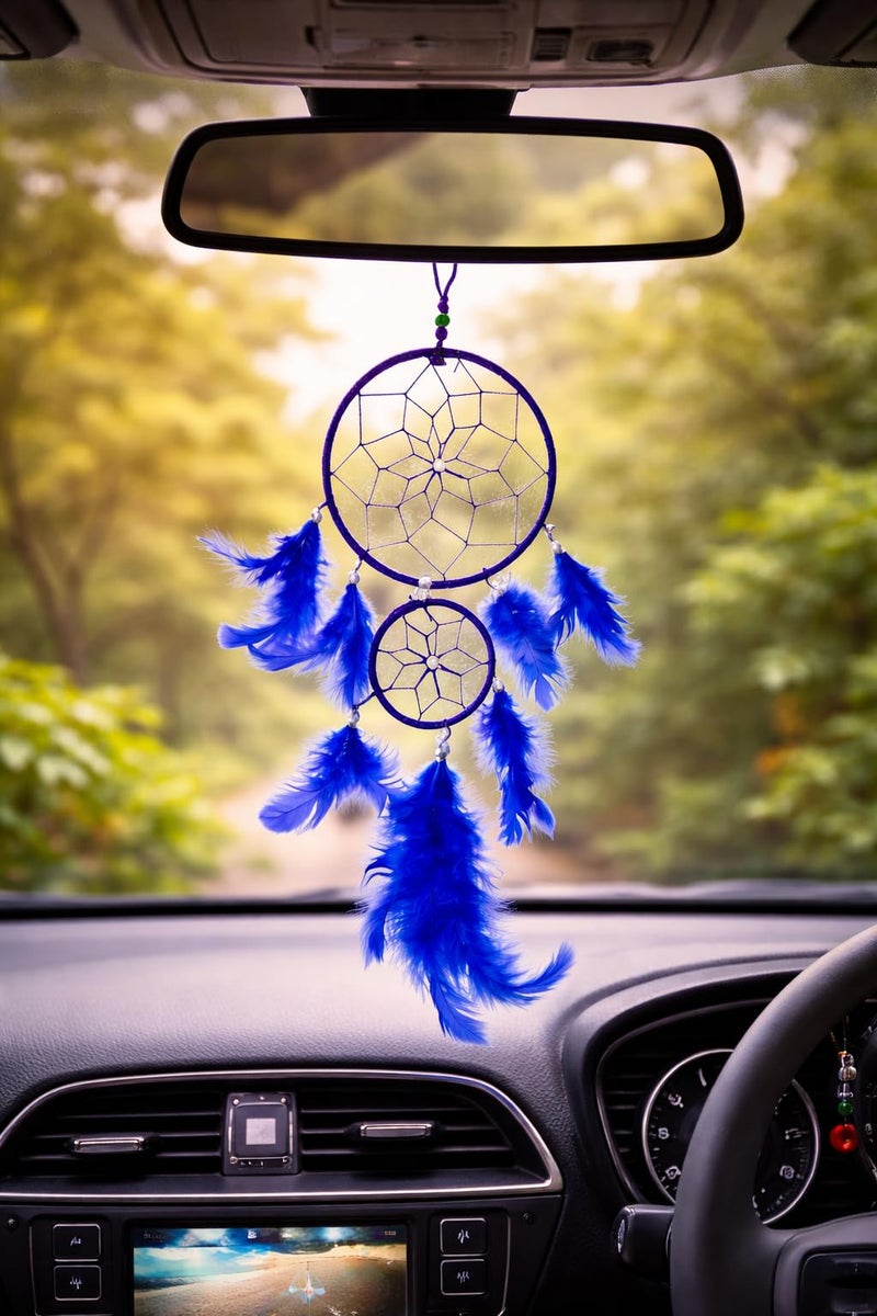 GJ Blue Dream Catcher Wall Hanging for Home Decor | 40 CM Handmade Dreamcatcher for Positive Energy, Peace & Good Dreams | Boho Feather Wall Hanging for Bedroom, Living Room & Gift - Image 4