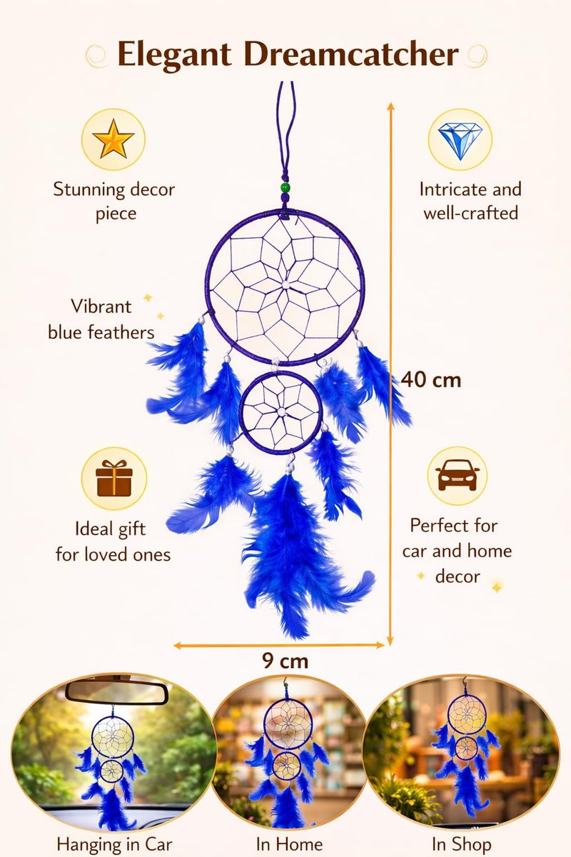 GJ Blue Dream Catcher Wall Hanging for Home Decor | 40 CM Handmade Dreamcatcher for Positive Energy, Peace & Good Dreams | Boho Feather Wall Hanging for Bedroom, Living Room & Gift - Image 3