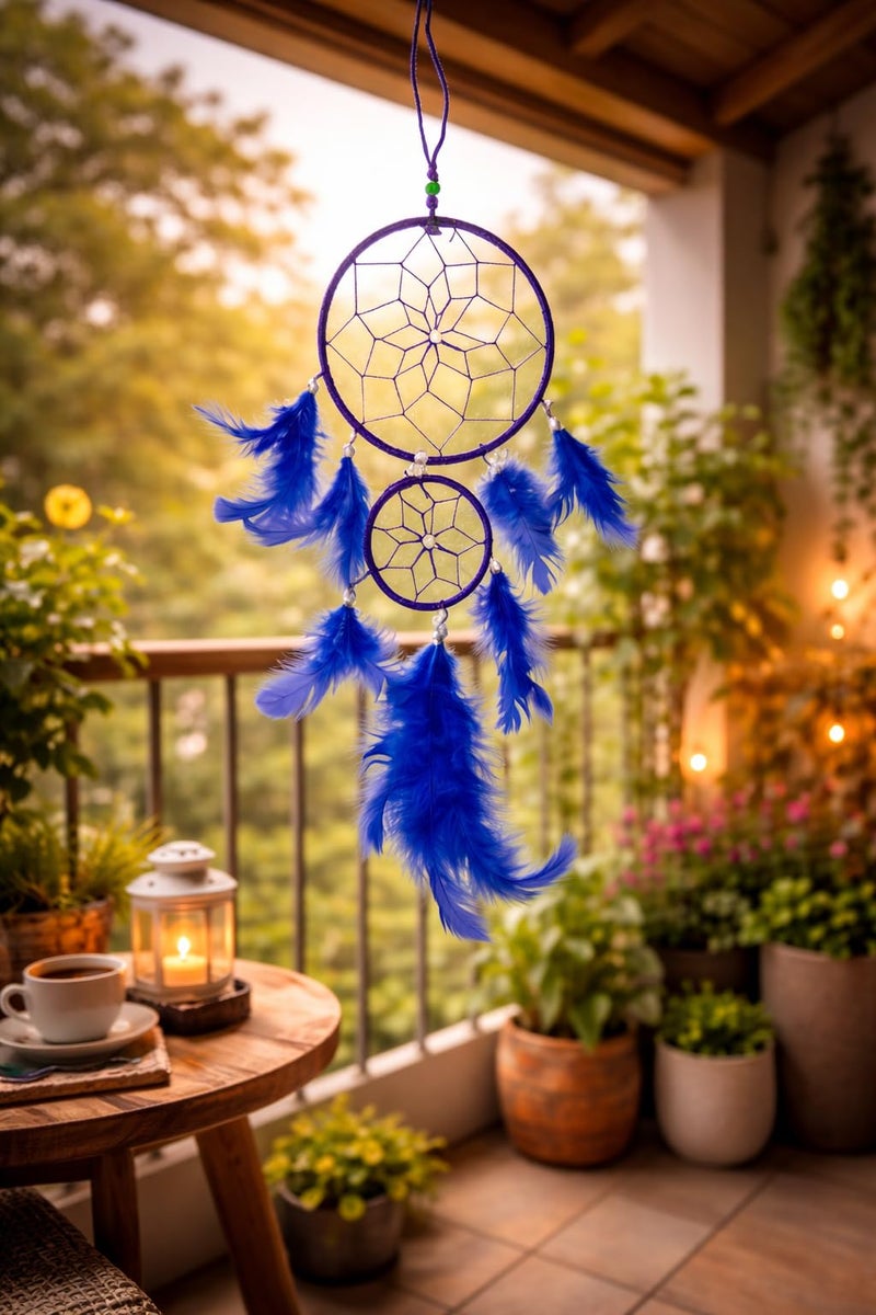 GJ Blue Dream Catcher Wall Hanging for Home Decor | 40 CM Handmade Dreamcatcher for Positive Energy, Peace & Good Dreams | Boho Feather Wall Hanging for Bedroom, Living Room & Gift - Image 2