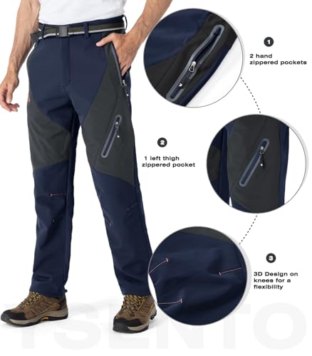 YSENTO Men's Fleece Lined Ski Snow Pants Winter Waterproof Softshell Insulated Hiking Cargo Pants Navy Size 40 - Image 4