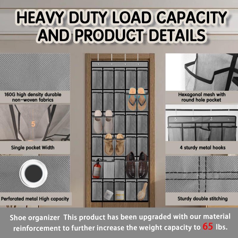 Kotkn Over the Door Shoe Organizer with 30 Breathable Mesh Pockets - Large Capacity Closet Storage for Men & Women, Hanging Shoe Rack Organizer (Gray) - Image 2