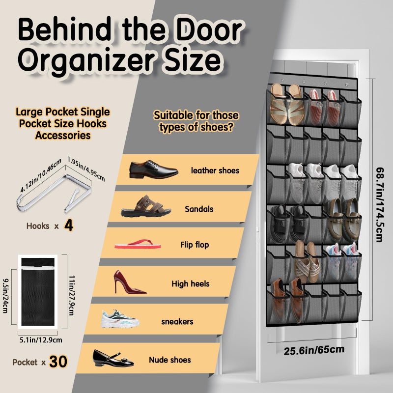 Kotkn Over the Door Shoe Organizer with 30 Breathable Mesh Pockets - Large Capacity Closet Storage for Men & Women, Hanging Shoe Rack Organizer (Gray) - Image 3